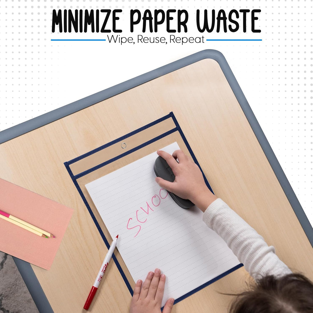 Essex Wares - 6 Pack, Navy Blue, Water-Resistant Dry Erase Pocket Document Protectors, 10" Wide x 13.5" Tall - Dry Erase Clear Plastic Sleeves - Reusable & Easy Erase Plastic Invoice Holders