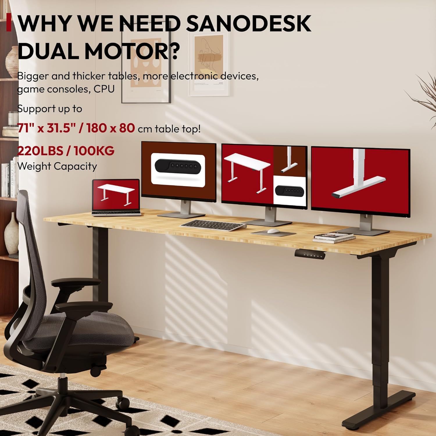 Standing Desk with Dual Motor, 3-Stage Lifting Column, Handset with 3 Preset and Sit-Stand Reminder - 78 inch Whole Piece Real Bamboo Desk/Black Frame, Height Adjustable Desk for Home and Office