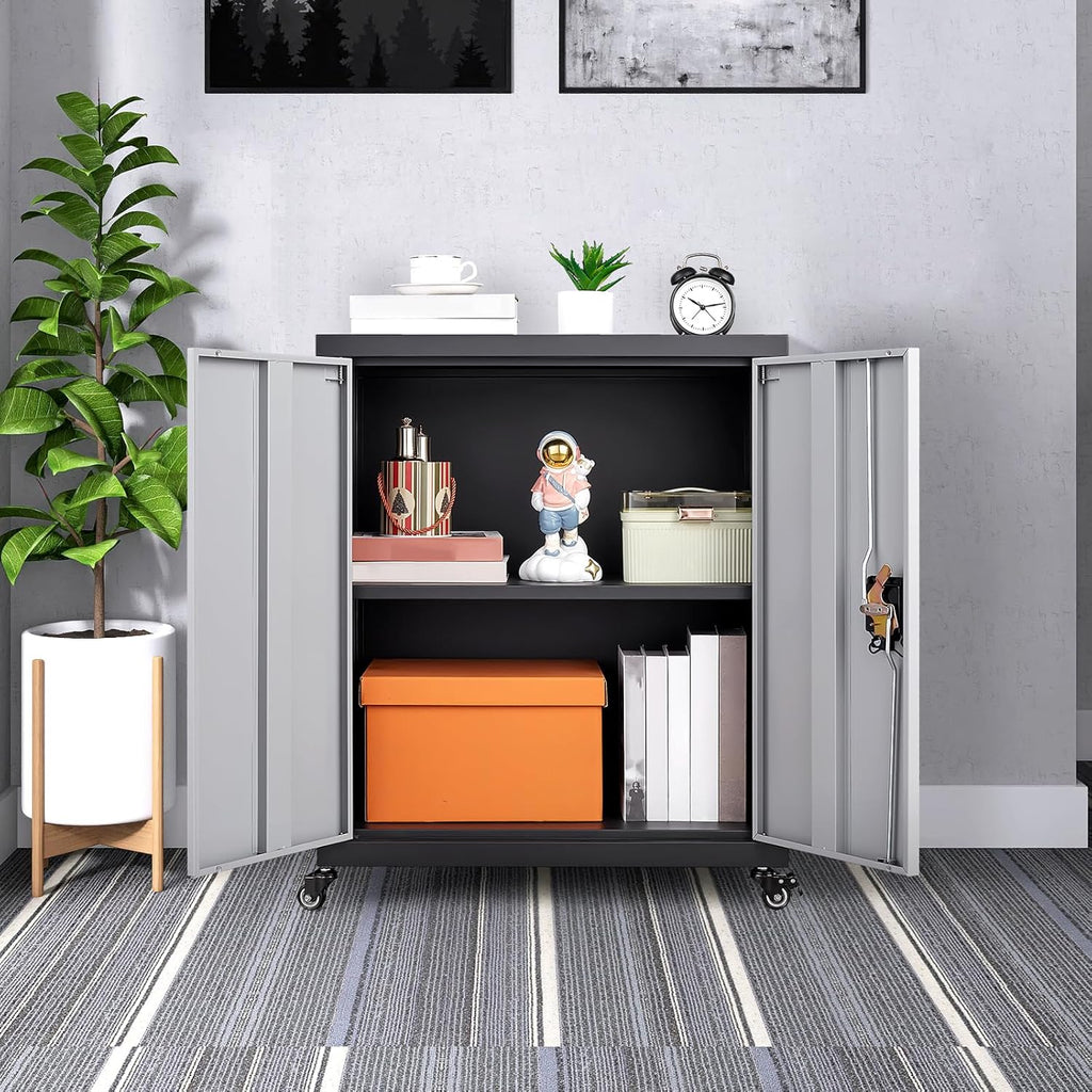 GREATMEET Metal Storage Cabinet with Locking Doors and Wheels,Garage Cabinet with Shelves for Home Office, Gym, School,Black+Grey