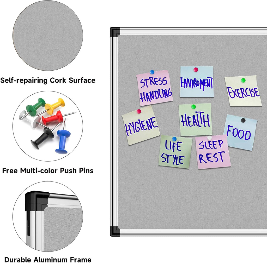 XBoard Bulletin Board 36 x 24 inch, Grey Fabric & Cork Board 3' x 2' with Sliver Aluminum Framed for Home Office School Pin Collections