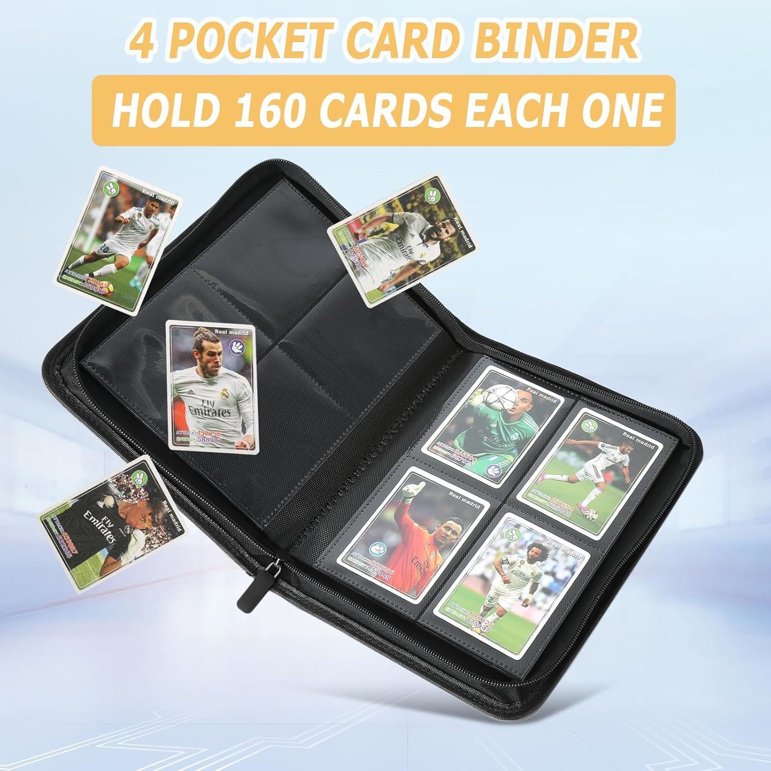 Trading Card Binder 4 Pocket, GERMUN PU Cover Card Binder for 160 Cards, Premium Trading Card Holder Folders, Double Sided Pocket Card Album for MTG, TCG (Black)