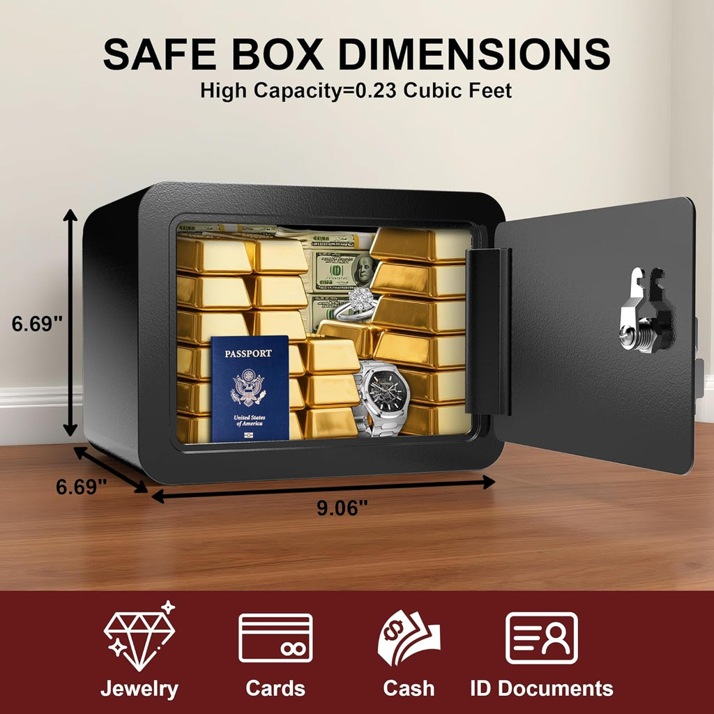 Safety Box, Small Safes for Home Lock Box with Electronic Keypad，Safe with Removable Shelf for Cash, Jewelry, Documents,Digital Security Safe for Office Hotel and Personal Use (0.23CUFT)