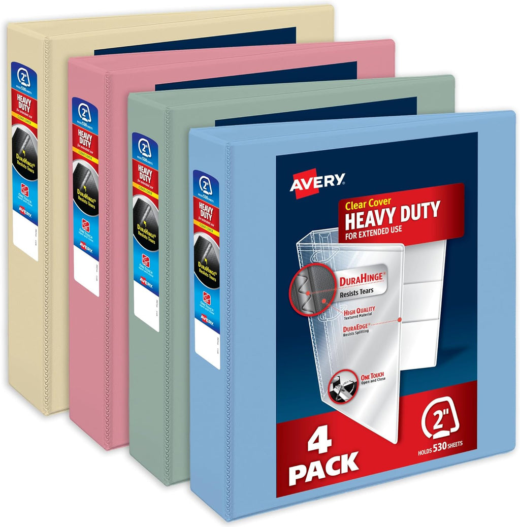 Avery Heavy-Duty View 3 Ring Binders, 2 Inch One Touch Slant Rings, 530-Sheet Capacity, Assorted Pastel Colors, 4-Pack (79637) – for School, Office, Teachers, Classrooms & Home Organization