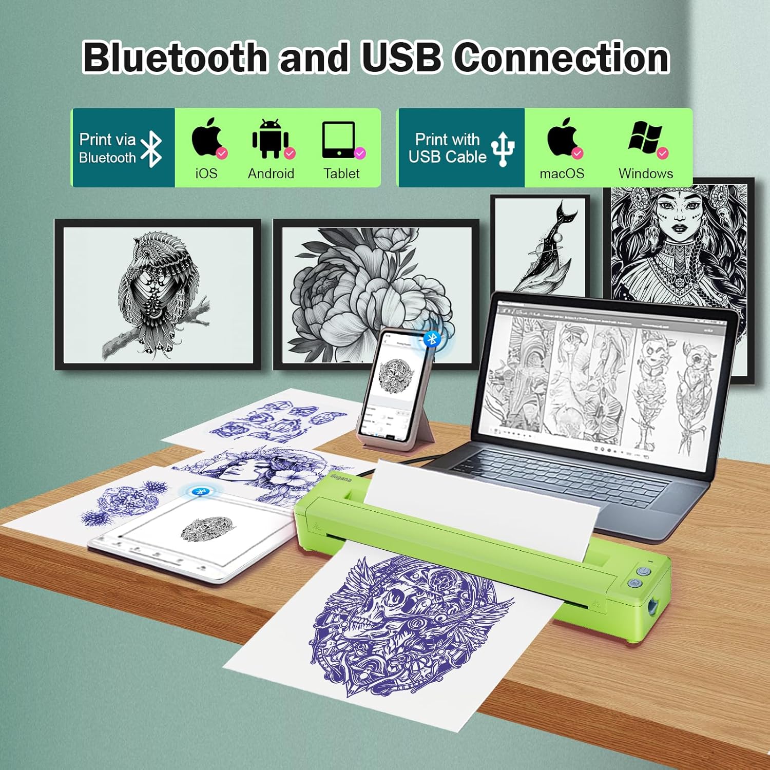 Bagana Tattoo Transfer Printer Thermal Bluetooth Wireless Temporary Tattoo Stencil Printer Machine Kit for Tattoo Artists & Beginners