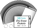 SUNEE 30 Packs Oversized Reusable Dry Erase Pocket Sleeves with 2 Rings, Black 10x14 Ticket Holders, Clear Plastic Sheet Protectors, Teacher School Classroom Supplies