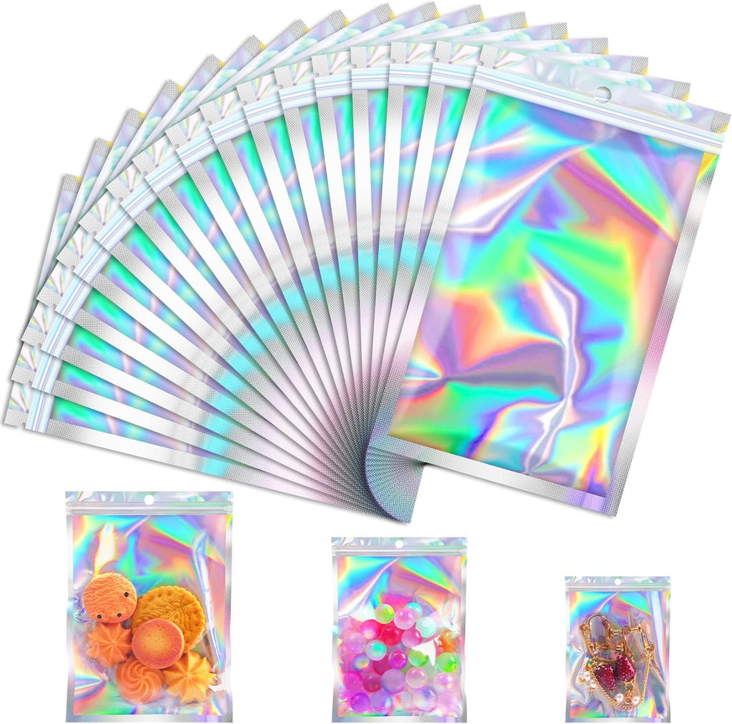 100 Pcs Holographic Mylar Bags, Smell Proof & Resealable Bag for Small Business, Freshie Bags, Sample Bag, Small Baggies Foil Pouch for Candy, Jewelry, Bracelet, Mothers Day Gift (3x5in)
