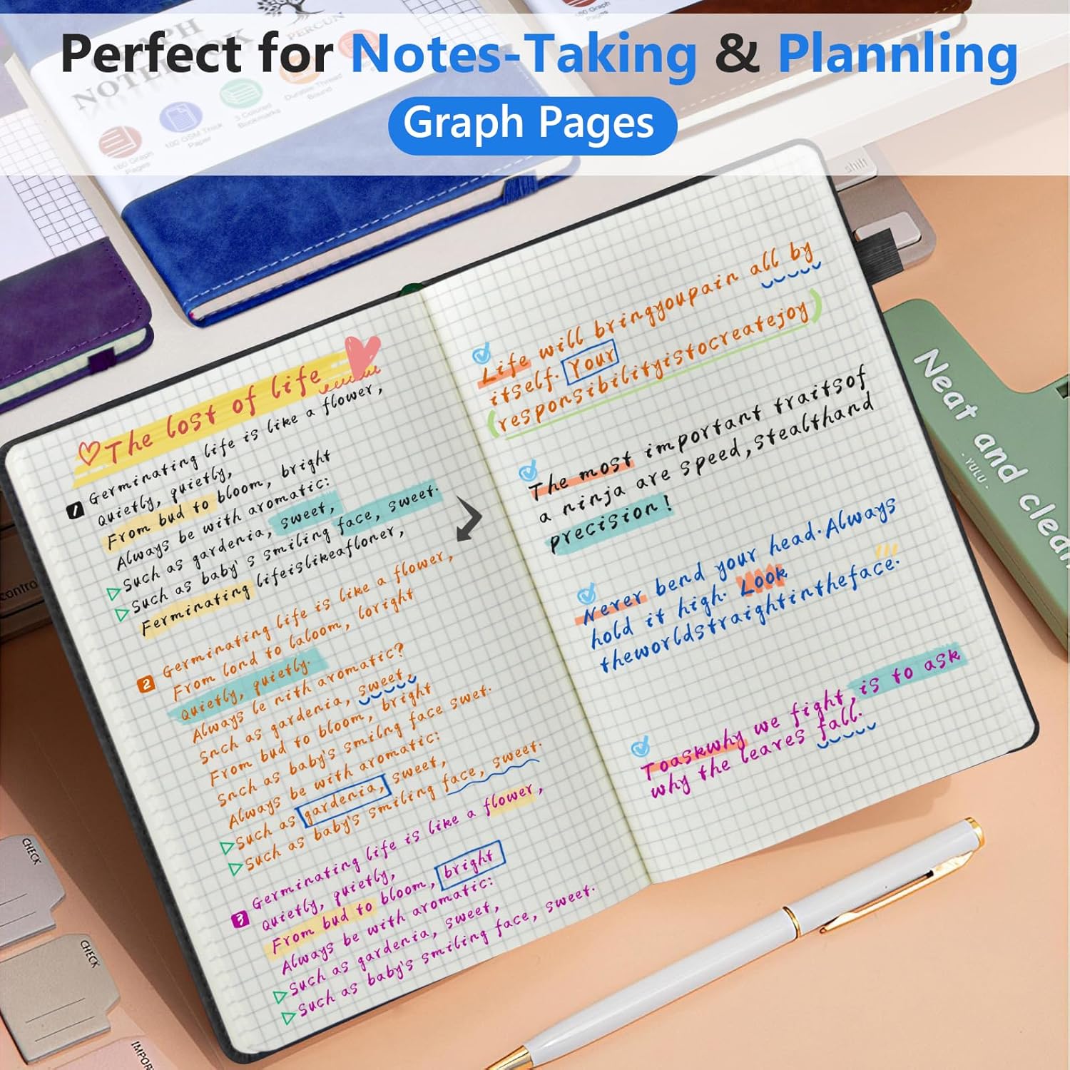 PERCUN Graph Paper Notebook, 160 Pages Grid Journal for women & men, A5 Hardcover Leather Graphing Notebook for School, Work, Travel, Note Taking 5.9”x8.5” (Black)