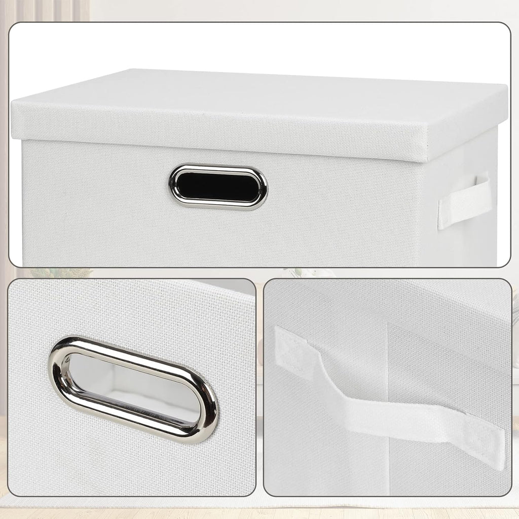 Medium 15" 21 Quart Collapsible Stackable Storage Bins with Lids, 3 Packs White Foldable Fabric Closet Boxes Heavy-duty Linen Cube Baskets Container for Bedroom Office (15 x 11 x 8)