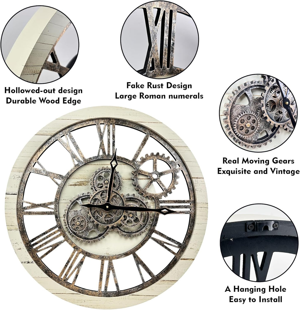 The B-Style Large Wall Clock 24 inch Moving Gear Wall Clock Oversized Vintage Farmhouse Wall Clocks for Living Room Decor Rustic Industrial Wood Clock (Desert Beige, 24 inch/60cm)