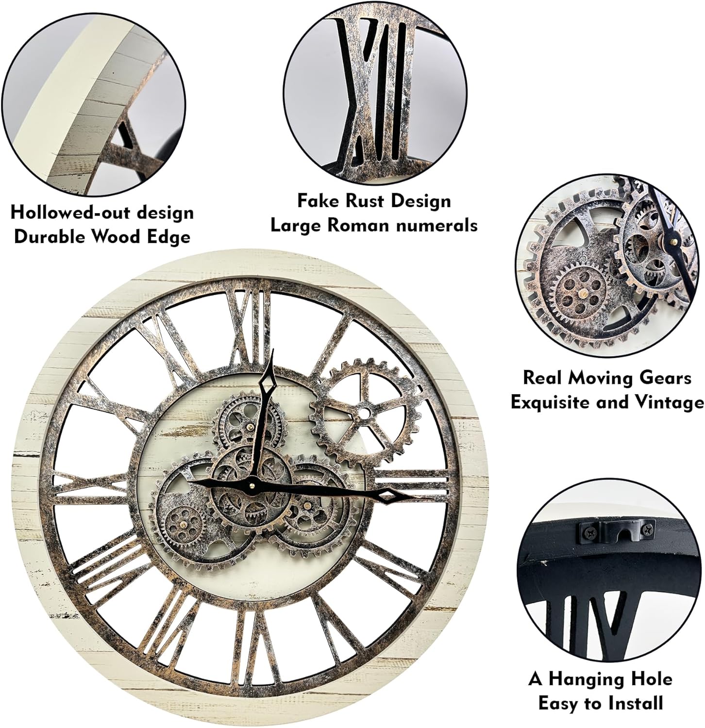 The B-Style Large Wall Clock 24 inch Moving Gear Wall Clock Oversized Vintage Farmhouse Wall Clocks for Living Room Decor Rustic Industrial Wood Clock (Desert Beige, 24 inch/60cm)
