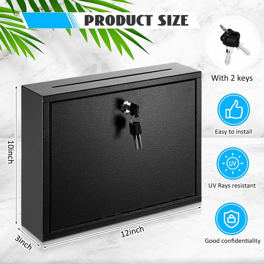 Metal Donation Box Suggestion Box with Slot and Lock-Cash for Money-Waterproof Drop Comment and Ballot Voting for Easy Wall mounting(Black,12 x 10 x 3 Inches)