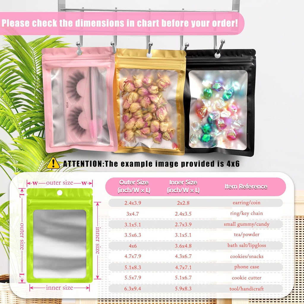 FUNFERY 100 Pack Mylar Resealable Bags Foil Packaging Bags with Clear Window,Zipper Pouch Smell Proof Bag for Food Storage,Cookies,Sample,Small Business(Green,4.7x7inch)