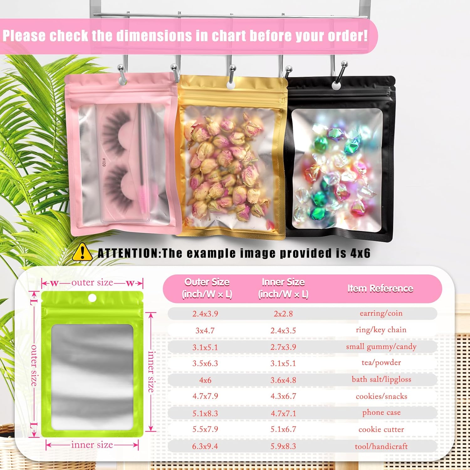 FUNFERY 100 Pack Mylar Resealable Bags Foil Packaging Bags with Clear Window,Zipper Pouch Smell Proof Bag for Food Storage,Cookies,Sample,Small Business(Green,4.7x7inch)