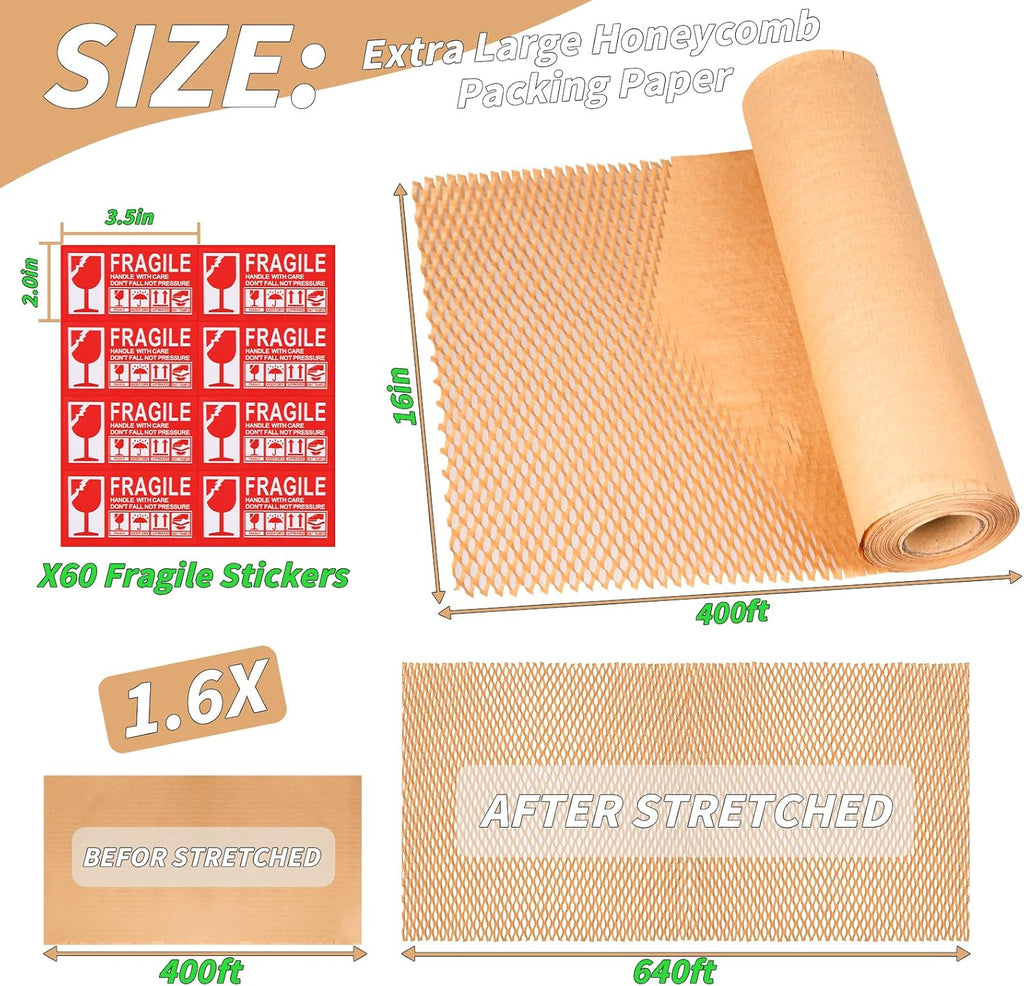 Honeycomb Packing Paper 16" x 400', Bubble Cushioning Wrap for Packing/Shipping/Moving, Eco-Friendly Bubble Packing Paper Wrapping for Fragile Items,Electronics and Bouquet Packaged