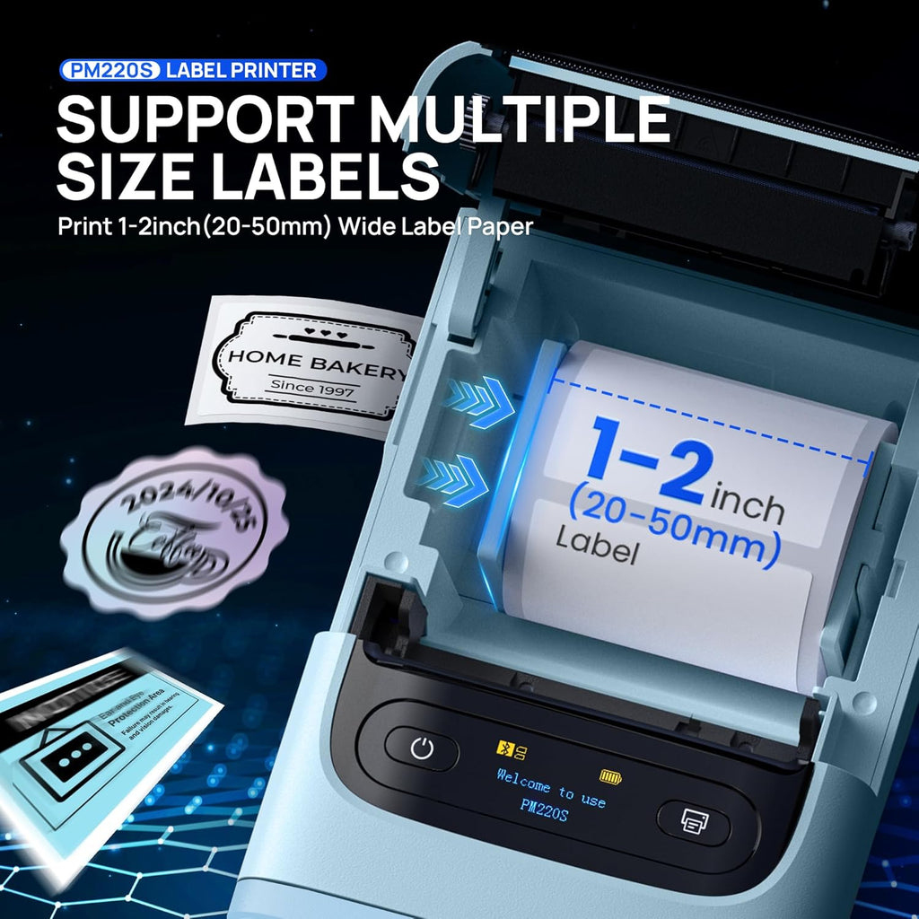 POLONO PM220S Label Maker Machine with Tape, 2 Inch Bluetooth Thermal Label Printer, Portable Sticker Printer for School, Office, Home, Business, Label Maker with 2'' x1.18'' Labels, Blue