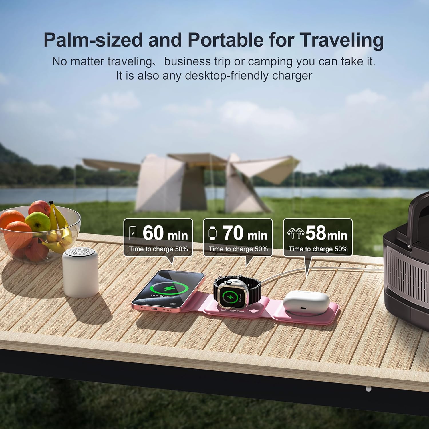 UCOMX 3 in 1 Charging Station for Multple Devices,Foldable 3 in 1 Wireless Charger for Travel,Nano Wireless Charging Station for iPhone16 15 14 13 12 Pro Max/Watch 10 9 8 7 6 5 4 3 Ultra/AirPod Pro