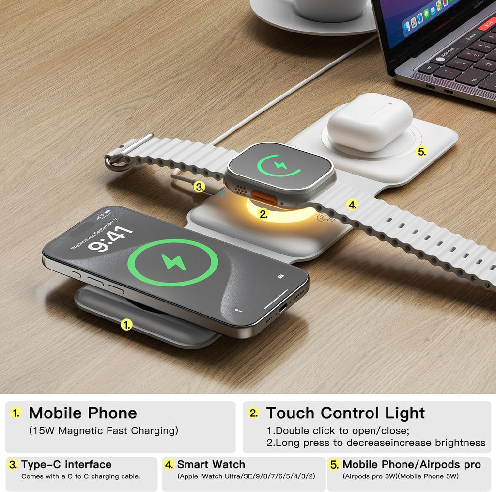 ESSAGER 3 in 1 Foldable Wireless Charger for iPhone 16/15/14/13/12/11 Series, Magnetic Wireless Charging Station, Travel Wireless Fast Charging Pad for Airpods 4/3/2/Pro, iWatch (3 in 1, White)