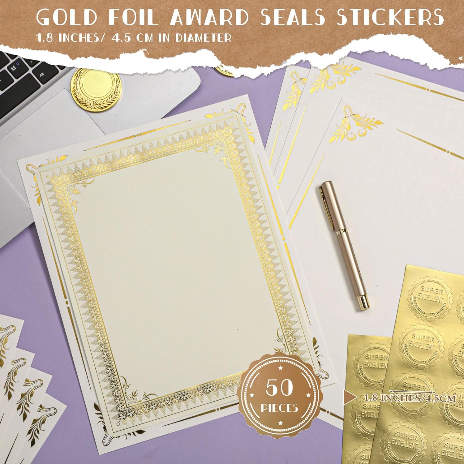 Fainne 50 Sets Certificate Kit Includes 50 Pcs 9.5 x 12 Inch Certificate Holders 50 Pcs Letter Size Papers 50 Pcs Foil Award Seals Diploma Covers for Appreciation(Beige, Gold)