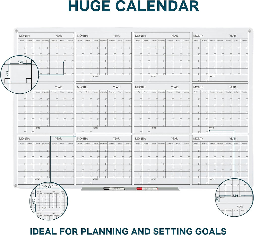 J&J worldwide Glass Whiteboard Yearly Calendar - 35" X 47" Large Wall Whitrboard - White Board Dry Erase Planner for Wall Home, School, Office