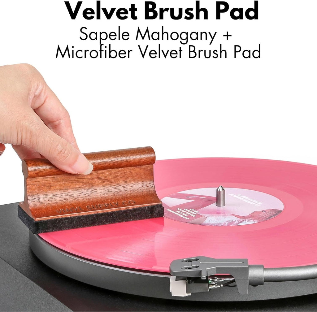 3-in-1 Ultimate Vinyl Record Cleaning Kit 100% All-Natural Sapele Mahogany Wood Vinyl Cleaning Kit - Goat Hair Vinyl Record Brush, Velvet Brush Pad, & Stylus Brush Cleaner