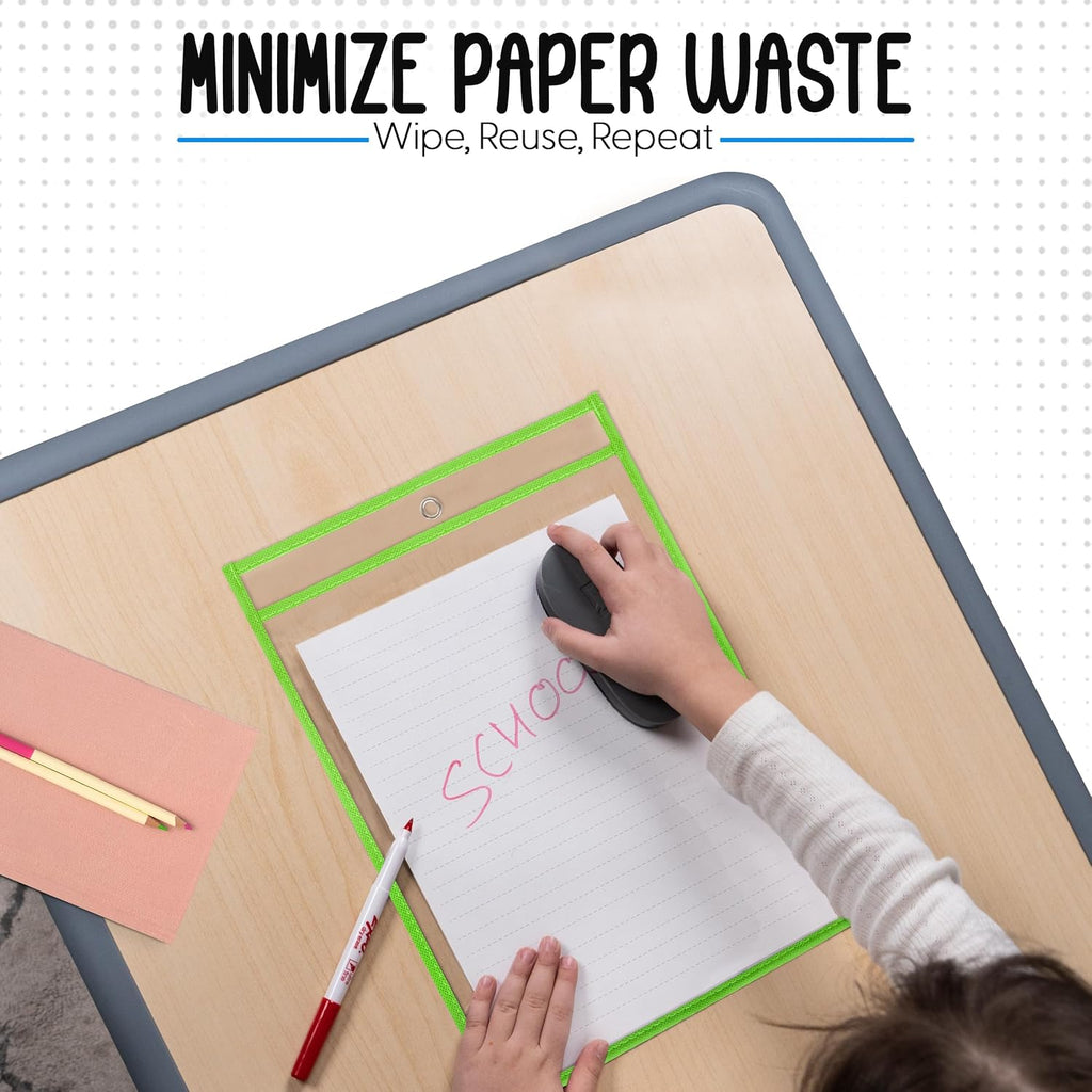 Essex Wares - 6 Pack, Lime Green, Water-Resistant Dry Erase Pocket Document Protectors, 10" Wide x 13.5" Tall - Dry Erase Clear Plastic Sleeves - Reusable & Easy Erase Plastic Invoice Holders