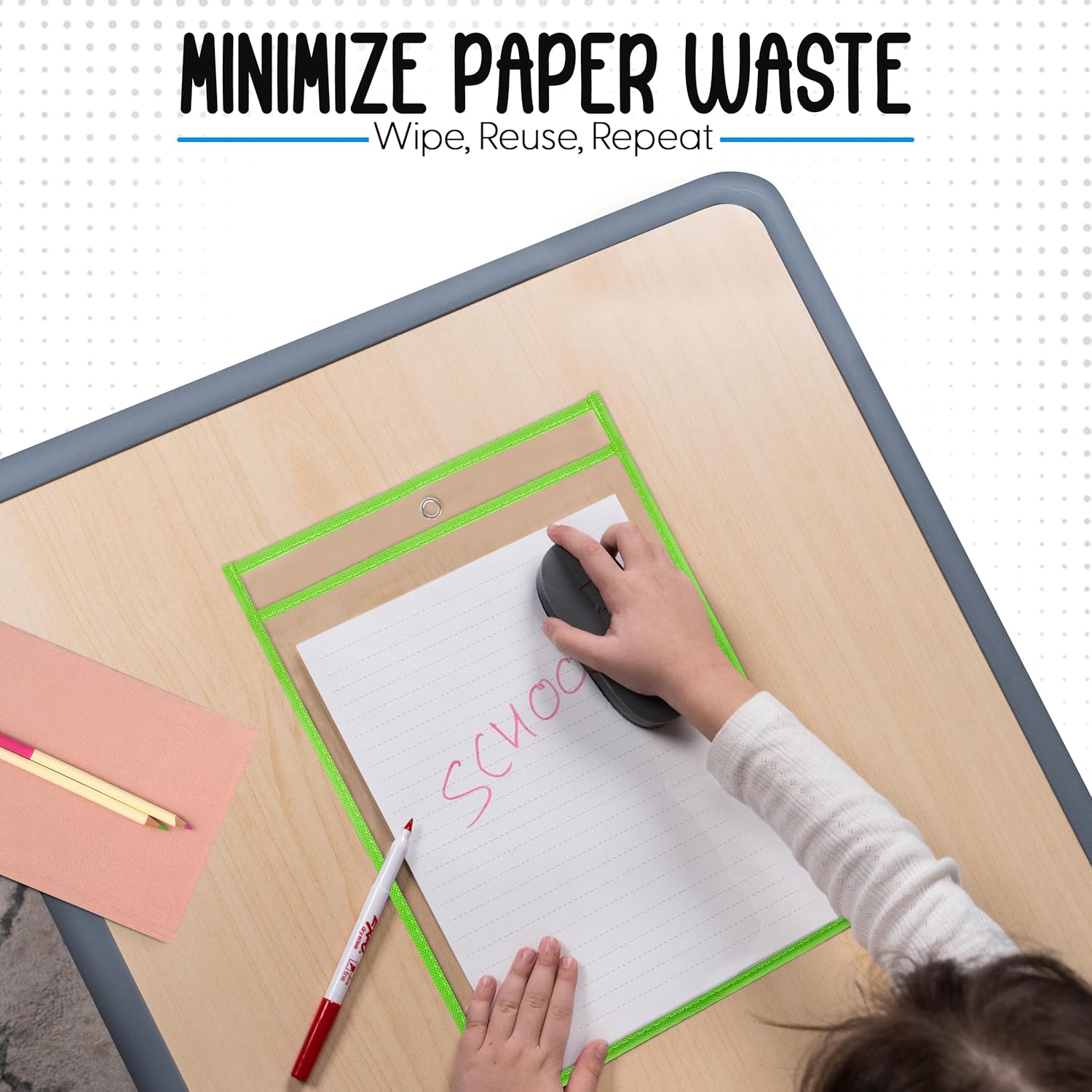 Essex Wares - 6 Pack, Lime Green, Water-Resistant Dry Erase Pocket Document Protectors, 10" Wide x 13.5" Tall - Dry Erase Clear Plastic Sleeves - Reusable & Easy Erase Plastic Invoice Holders