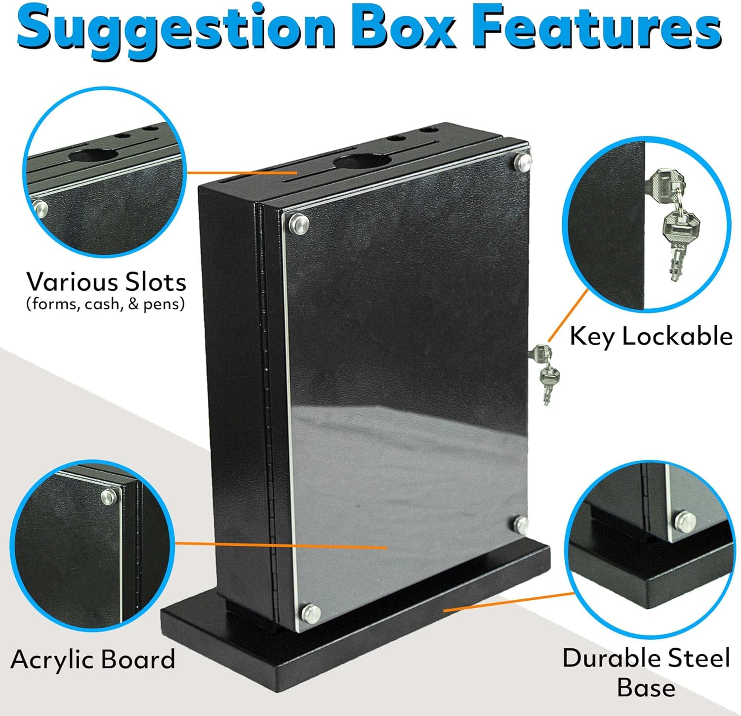 Large Suggestion Box With Slot and Lock - Metal Wall Mounted Ballot Box, Donation Case, Safe Lock Tip Jar For Fundraising, Hotel, Bar and School Voting Use (Black, 10'' x 4.75'' x 12.5'')