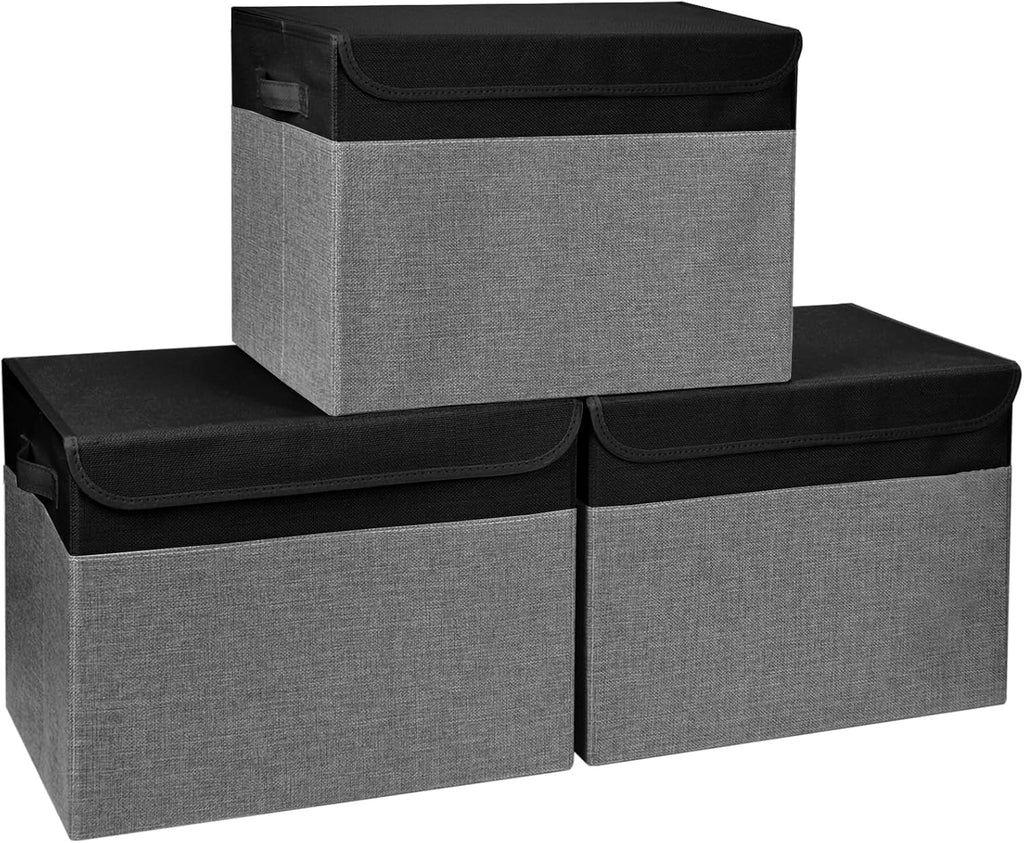 Large 17" 42 Quarts Collapsible Stackable Storage Bins with Lids [3-Pack] Foldable Fabric Linen Storage Boxes Cube, Closet Organizer Baskets with Label for Home (16.7 x 12 x 12", Black & Gray)