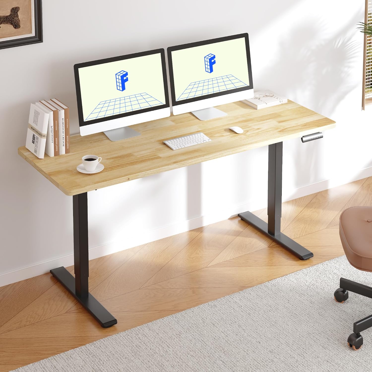 FLEXISPOT E3 Solid Wood Dual Motor Standing Desk 55x24 Inch Whole-Piece Board Electric Height Adjustable Stand Up Desk (Black Frame + Rubber Wood Desktop)