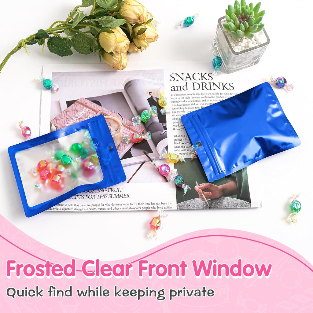 FUNFERY 100 Pack Mylar Resealable Bags Foil Packaging Bags with Clear Window,Zipper Pouch Smell Proof Bag for Food Storage,Cookies,Sample,Small Business(Blue,2.4x3.9inch)