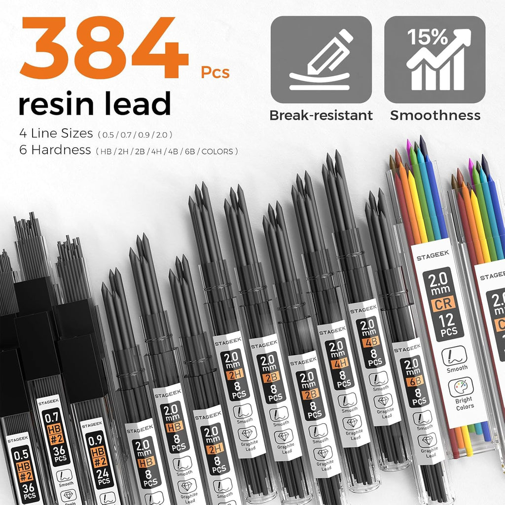35PCS Black Art Mechanical Pencil Set in Case，0.5 0.7 0.9 2.0 Graphite Metal Drawing Drafting Pencils, Sharpener Erasers 384PCS Lead Refills (6B 4B 2B HB 2H 4H Colors) for Writing Sketching