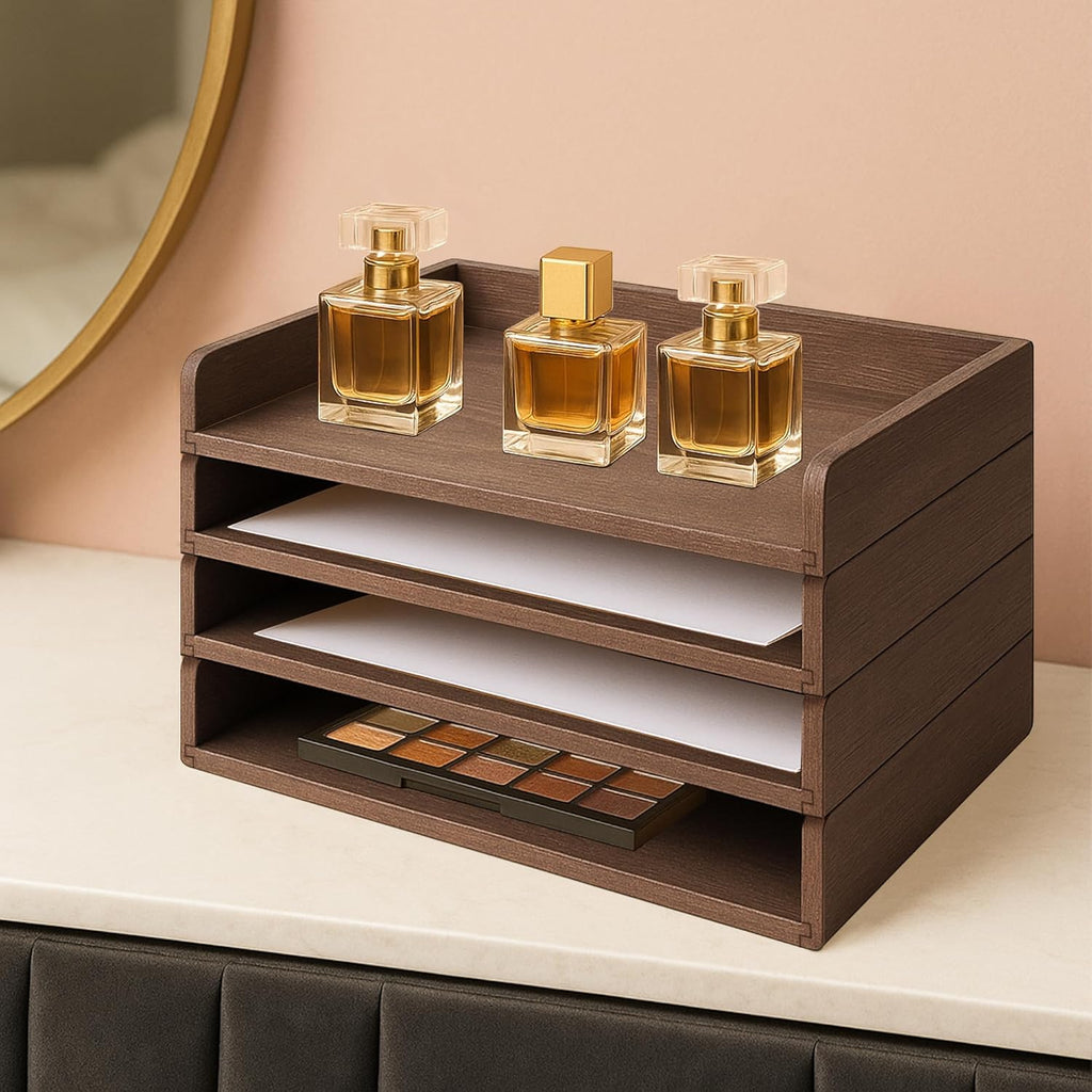 PROLEE Wooden Paper Tray Organizer for Desk,Stackable Paper Holder and Letter Tray,4-Tier Desktop File Storage Rack for Study,Home and Office(Walnut,14" x 9.5" x 2.5")
