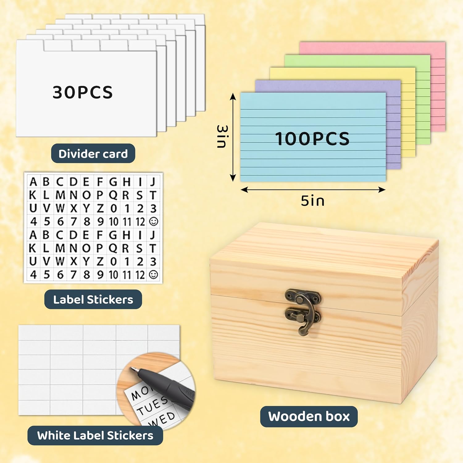 MOBYKE Index Card Holder 3x5, 100 Pcs Heavy-Duty Index Card Business Card Organizer Wooden Recipe Box with Dividers Flash Card Holder with 30 White Dividers, 1 Blank Sticker and 1 Letter Sticker
