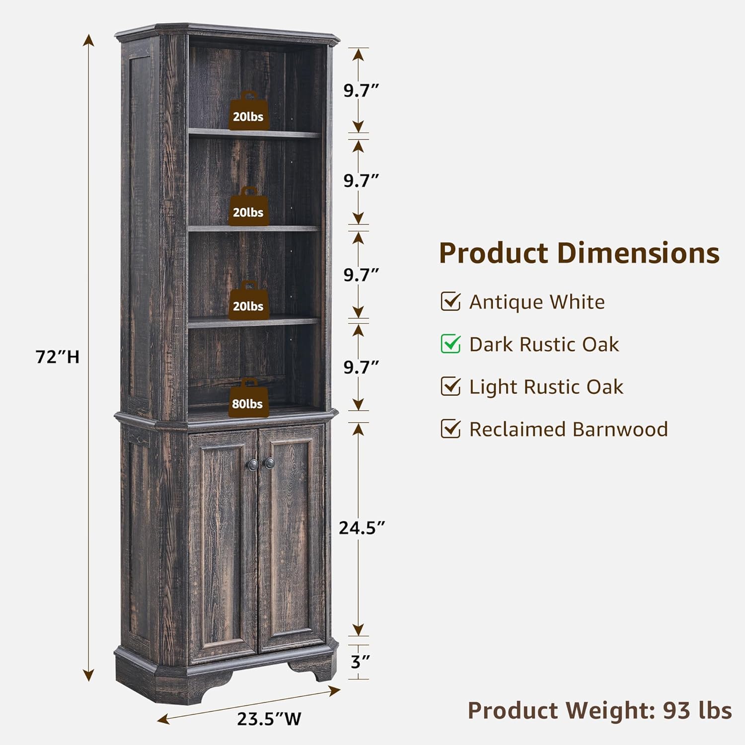 T4TREAM 6-Tier Bookshelf with Storage, 72" Tall Farmhouse Bookcase with Doors and Adjustable Shelves, Wooden Floor Standing Display Book Shelf Organizer for Home Office, Dark Rustic Oak