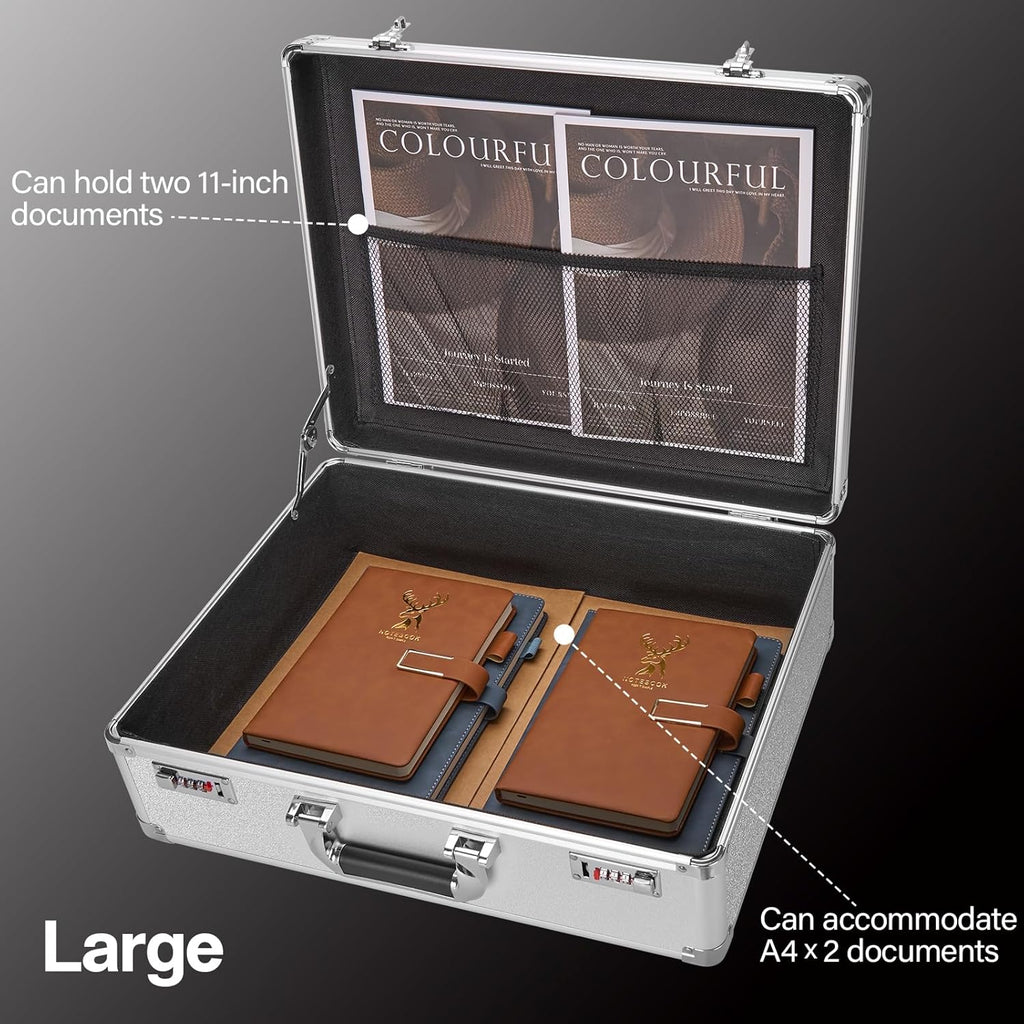 File Organizer Storage Box - 18.8 x 14.5 x 6.2 Inch X-Large, Portable Locking Storage Totes with Dual Combination Locks, Lock Boxes for Personal Items, Cash, Briefcase - Silver