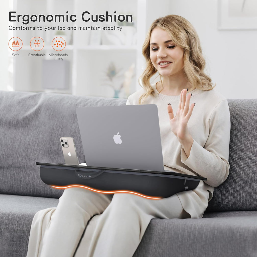Lap Desk, Lap Desk with Cushion, Fits up to 17 inch Laptop, Pillow Designed, Portable Laptop Stand with Tray, Pad & Phone Holder, Home Office for Bed/Couch/Car/Reading/Writing,MillHome (Black)