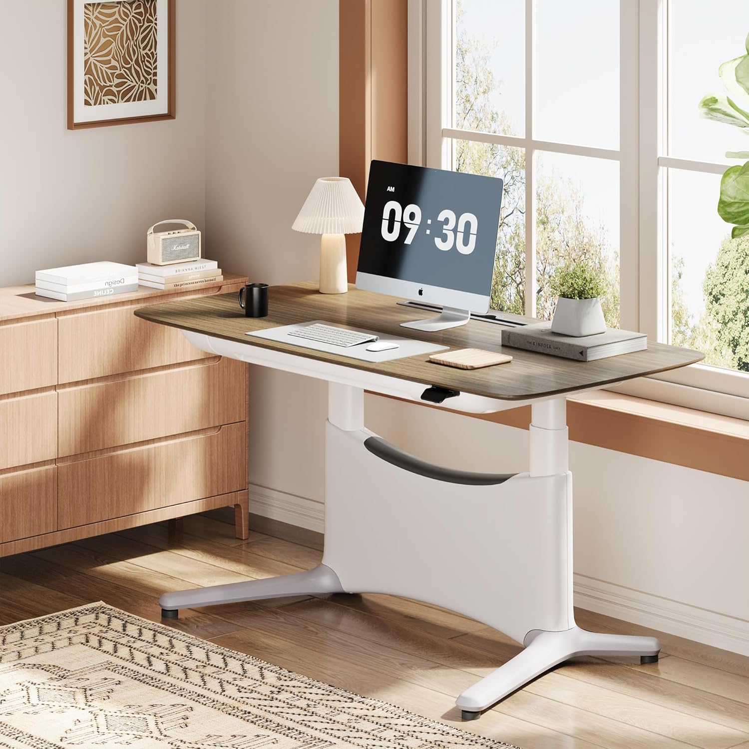 COLAMY Electric Standing Desk, Whole-Piece Gaming Desk with Dual Motors, Ergonomic Footrest, Drawers for Storage, Adjustable Height Sit-Stand Desk for Home Office (Veneer Desktop, Walnut + White)