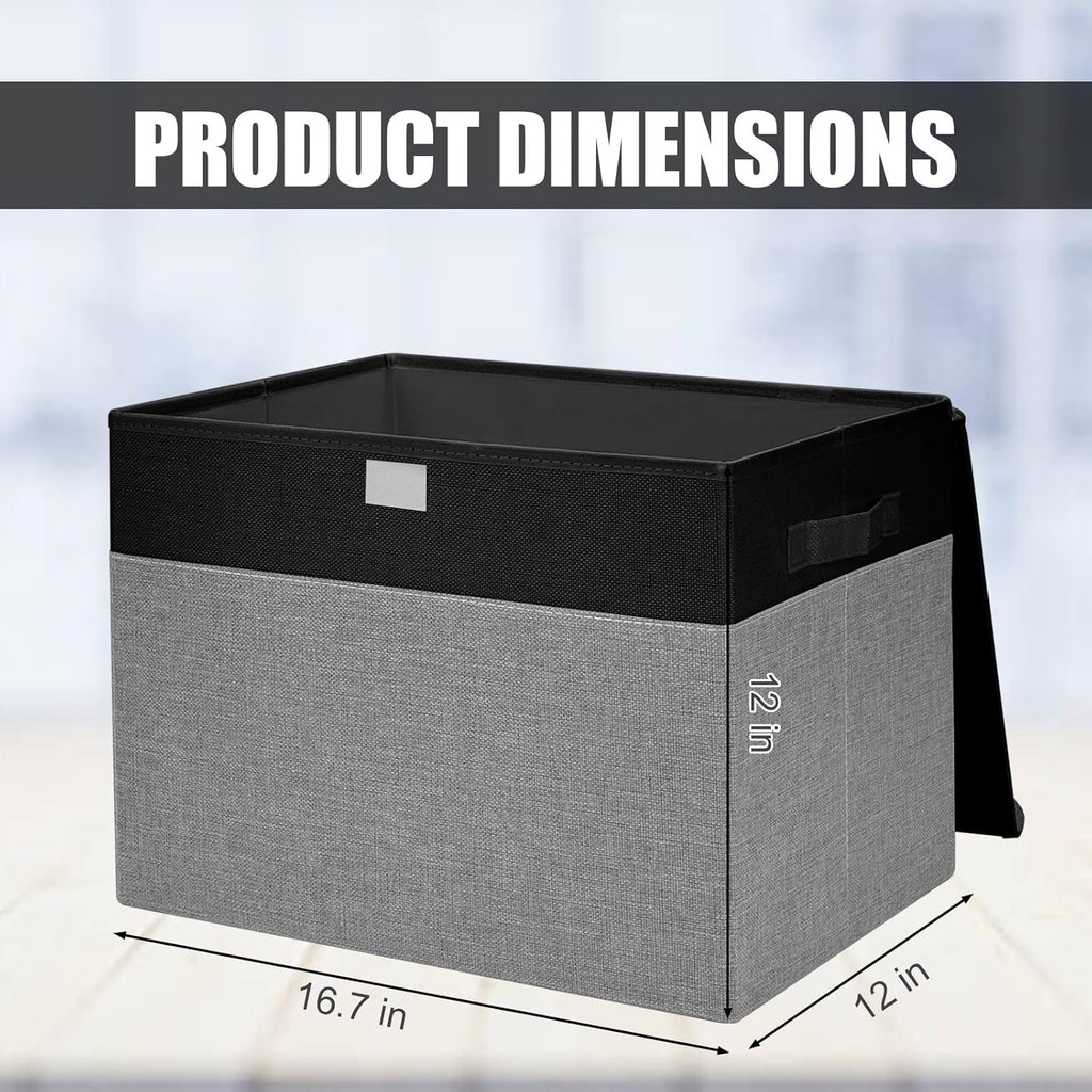 Large 17" 42 Quarts Collapsible Stackable Storage Bins with Lids [3-Pack] Foldable Fabric Linen Storage Boxes Cube, Closet Organizer Baskets with Label for Home (16.7 x 12 x 12", Black & Gray)