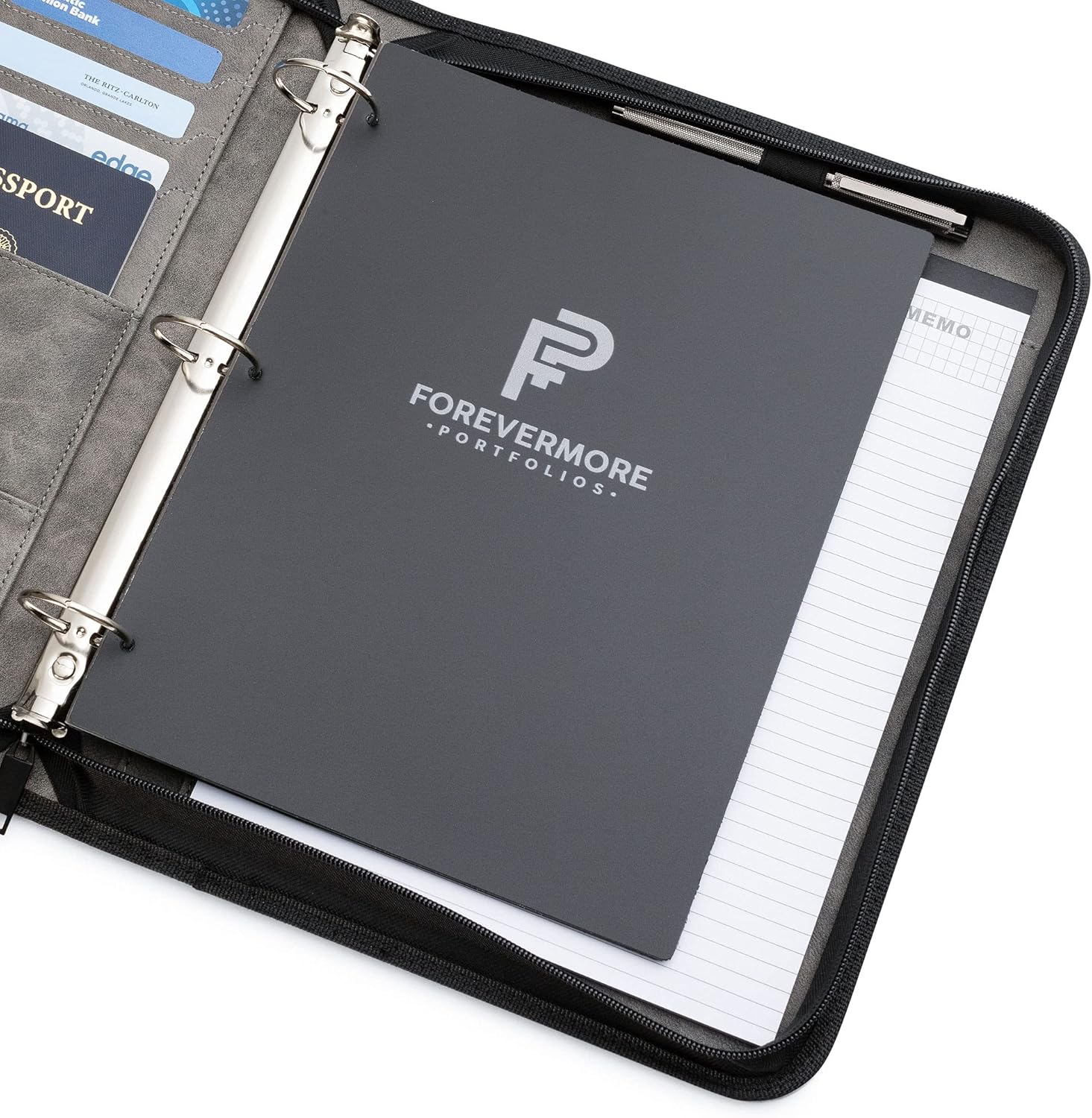 Portfolio Organizer - 1.5" 3 Ring Binder with Notepad - Zippered Storage Pouch for Papers, Travel Documents, Presentation Folder with Pockets for Card, Passport, Tickets - Gray