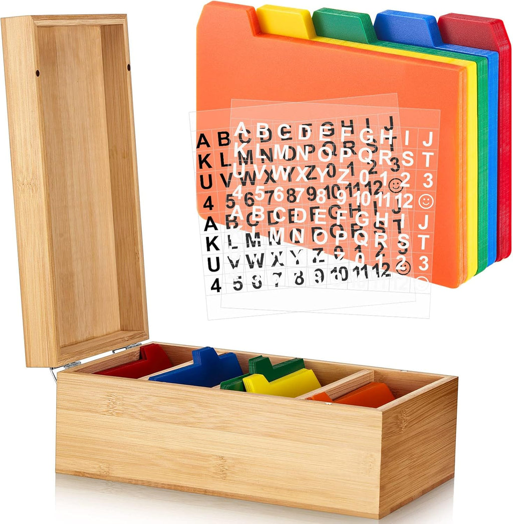 Henoyso 3 x 5 Inches Index Card Holder Set, Bamboo Recipe Box Organizer Index Cards Organizer, 50 Pcs Dividers 2 Sheets Alphabet Number Stickers File Note Holders for Office Business Home Kitchen