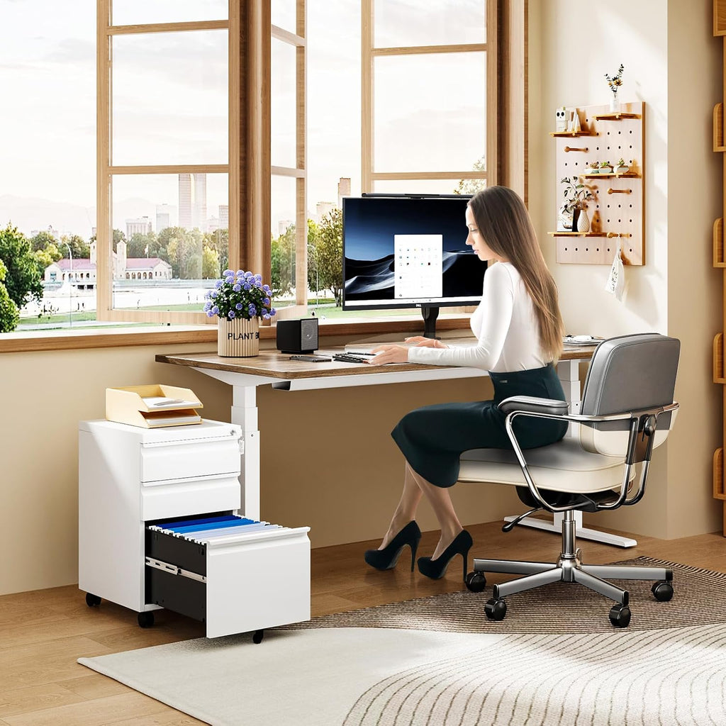 MIIIKO White Filing Cabinet 3 Drawers on Wheels Under Desk, Metal Rolling File Cabinet with Lock for Home Office, Small Mobile File Cabinet for Letter Legal File Folders, Un-Assembled