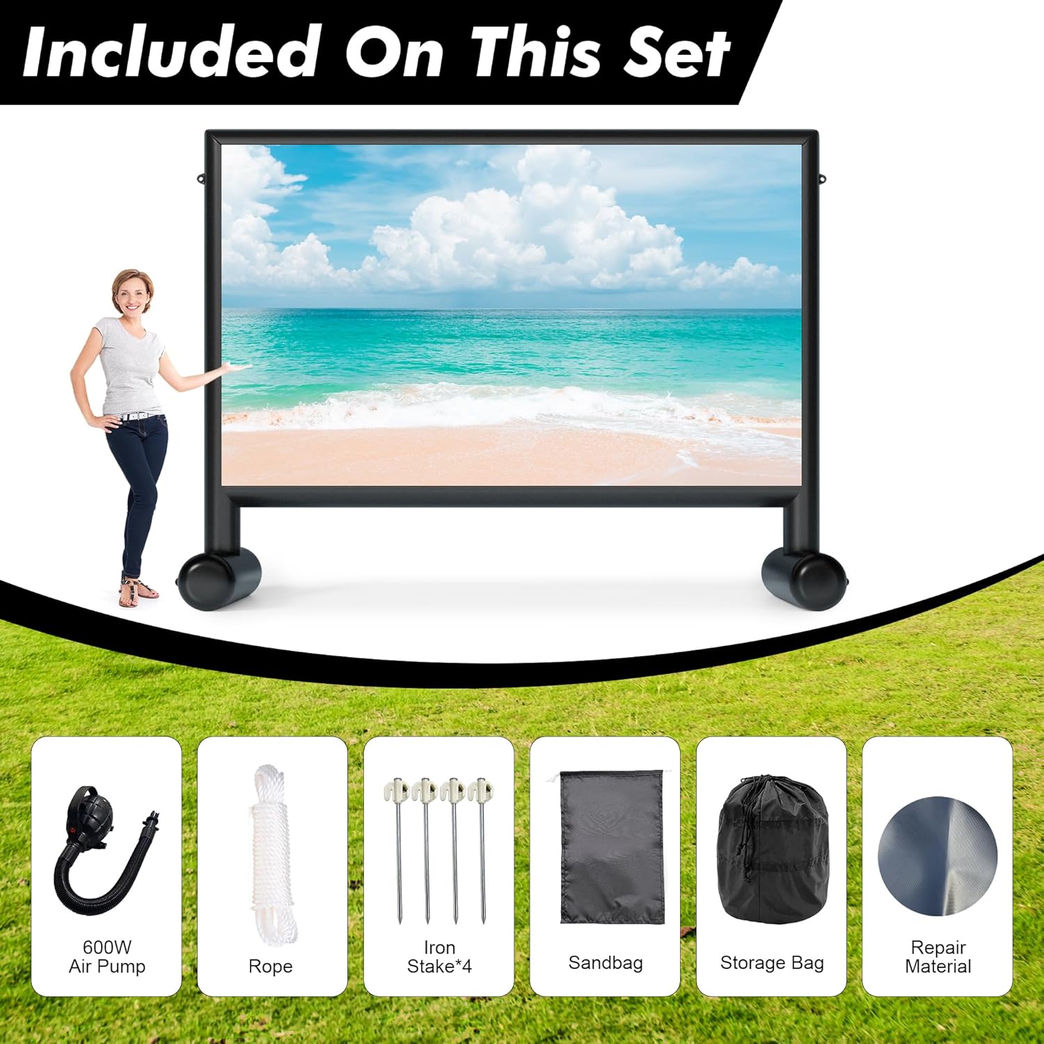 Inflatable Projector Screen, 16ft PVC Upgraded Inflatable Movie Screen Outdoor Airtight Design with 600W Air Pump for Outdoor/Indoor - Does Not Require Continuous Inflation