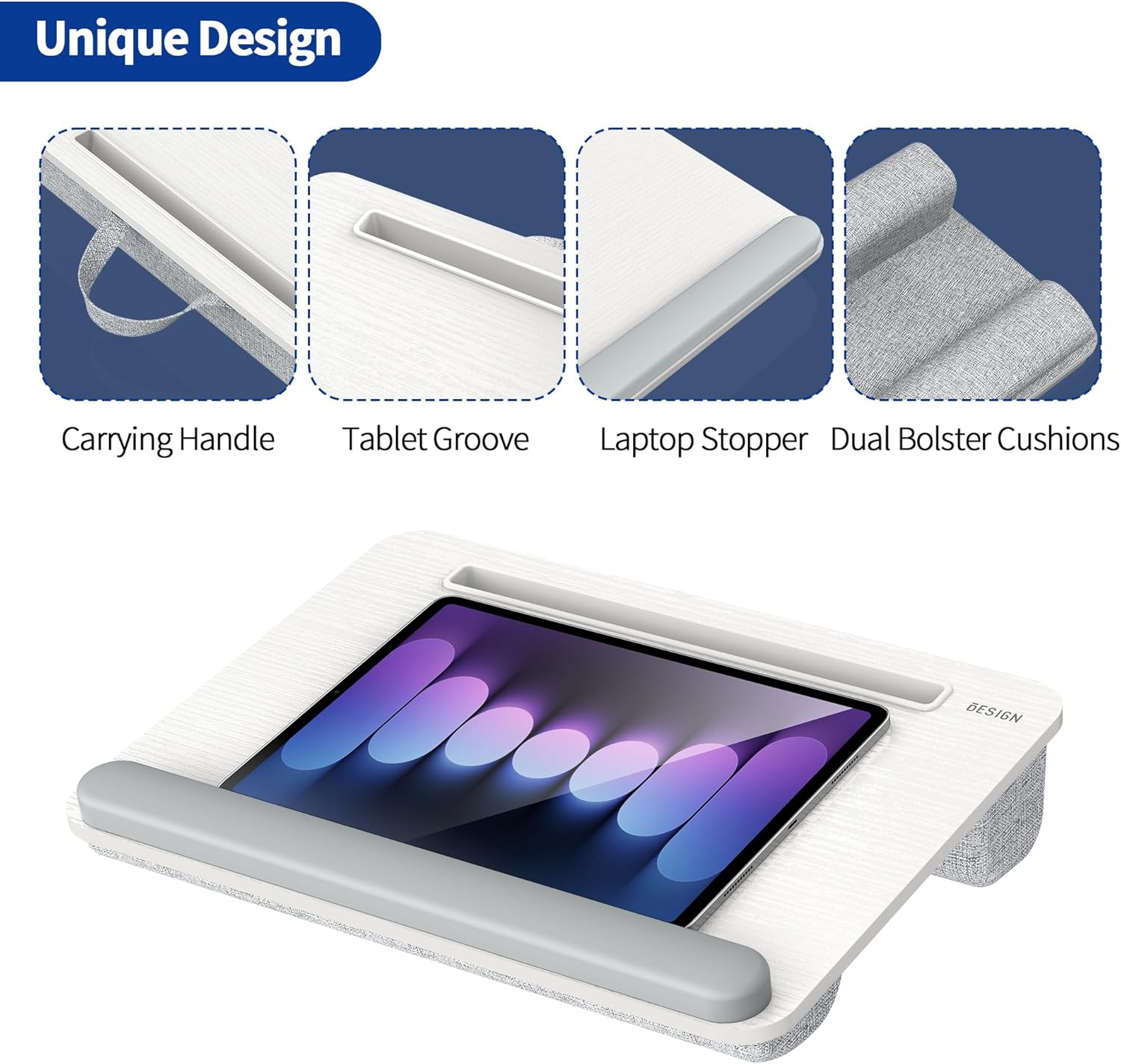 Besign LT08 Laptop Stand, Portable Lap Desk with Pillow Cushion, Fits up to 14 inch Laptop, with Anti-Slip Strip for Desk, Sofa & Bed, White and Gray