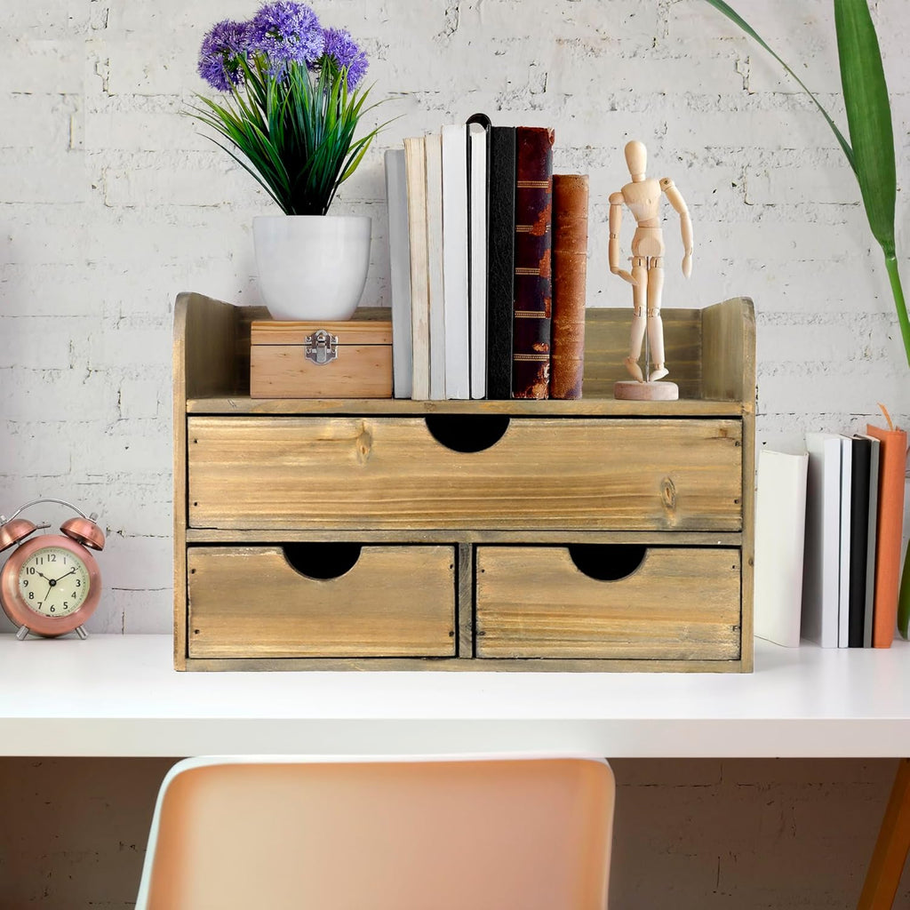 Besti Wooden Office Desk Organizer - Organizing Tool for Desktop, Cubicle, Bedroom, Kitchen - Vintage Style Organization Caddy with Top Tray Shelf & 3 Drawers - 13.6x9x7 Inches (Rustic Burnt)