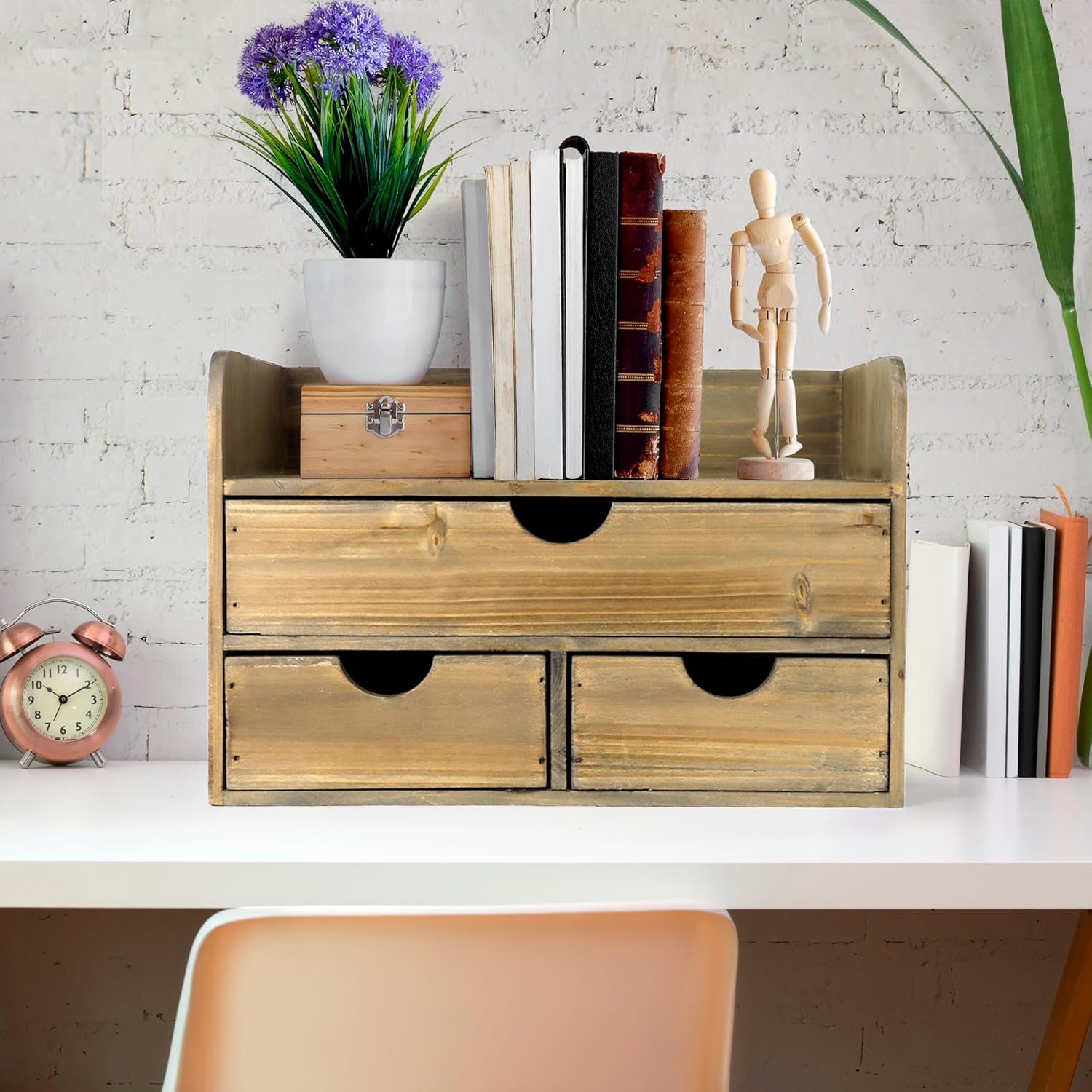 Besti Wooden Office Desk Organizer - Organizing Tool for Desktop, Cubicle, Bedroom, Kitchen - Vintage Style Organization Caddy with Top Tray Shelf & 3 Drawers - 13.6x9x7 Inches (Rustic Burnt)