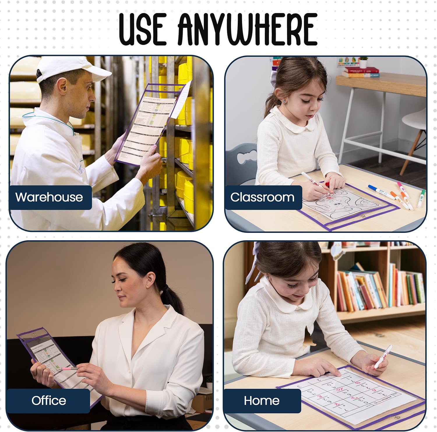 Essex Wares - 6 Pack, Purple, Dry Erase Pocket Document Protectors, 10" Wide x 13.5" Tall - Dry Erase Clear Plastic Sleeves - Reusable & Easy Erase Plastic Invoice Holders, Water-Resistant & Durable