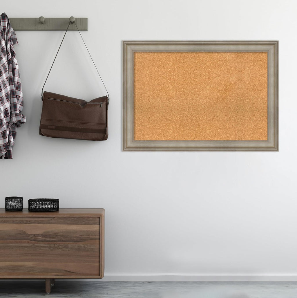 Amanti Art Natural Cork Board for Wall, 29x41 Vision Board with Silver Wood Frame, Large Corkboard Office Decor for Home Organization, Traditional Corkboard Pinboard to display items for home