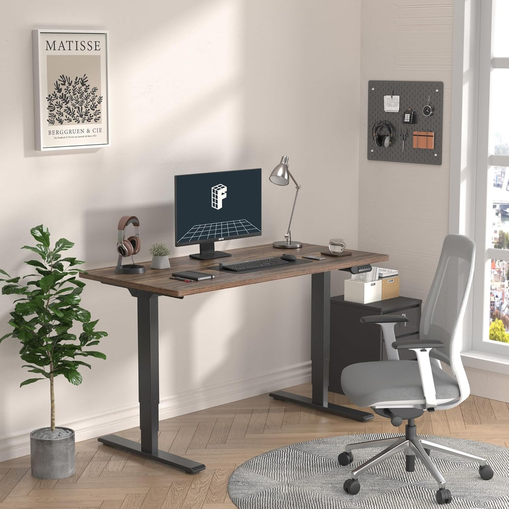 FLEXISPOT E6 Essential 3 Stages Dual Motor Electric Standing Desk 55x28 Inch Whole-Piece Board Height Adjustable Electric Sit Stand Desk(Black Frame + Brown Wood Grain Desktop, 2 Packages)