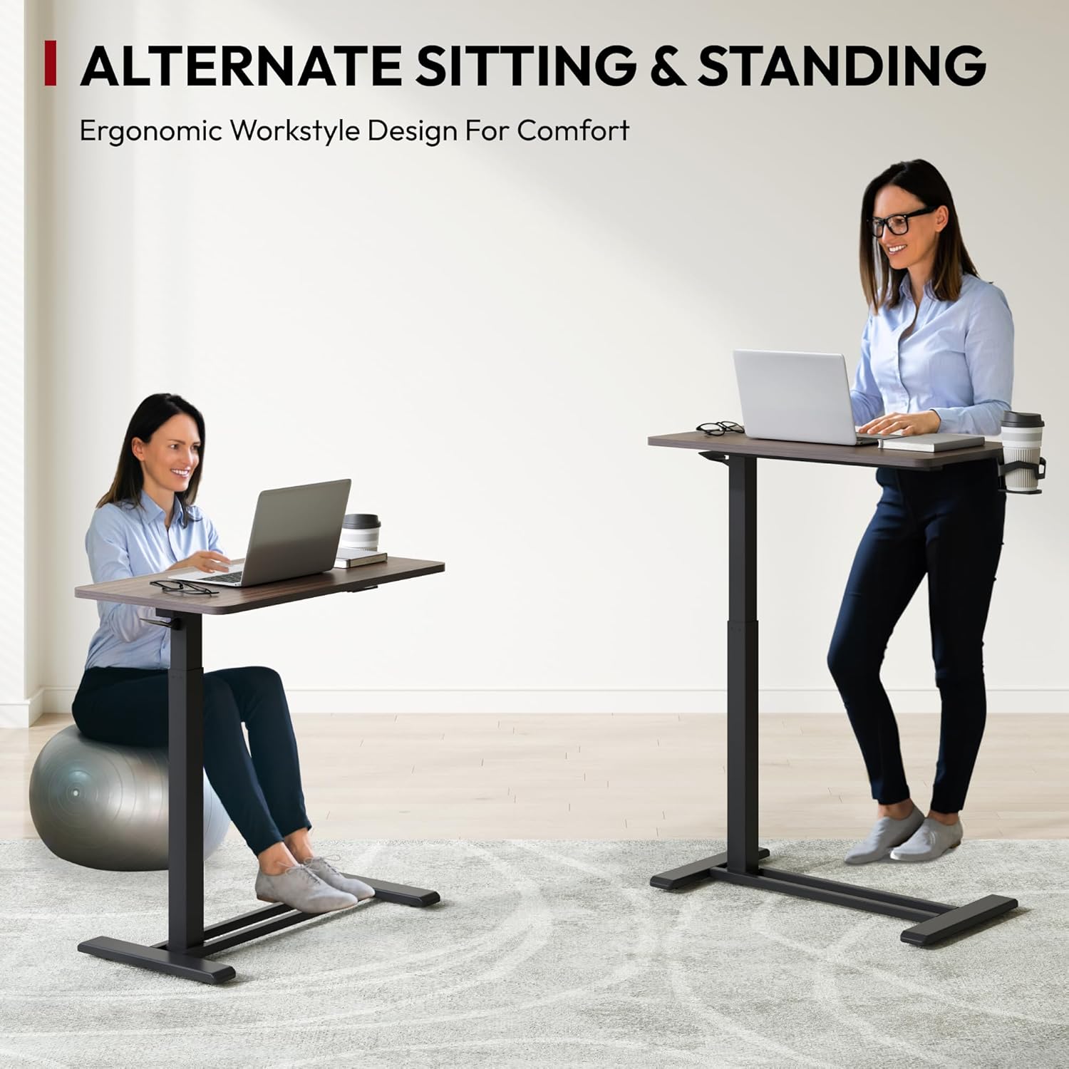 SANODESK Mobile Standing Desk with Hidden Wheels,Pneumatic Laptop Desk Rolling Computer Cart Movable Height Adjustable Small Sit Stand Desk for Home Office(27.6" W x 15.7" D, Maple)