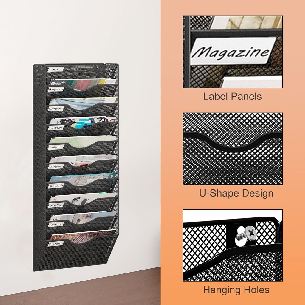 10 Tier Hanging Wall File Holder, Metal A4 Wall Mounted Document Holder, Vertical Hanging Mail Organiser, Magazine Storage Rack with Tray for Office Home Classroom, Black